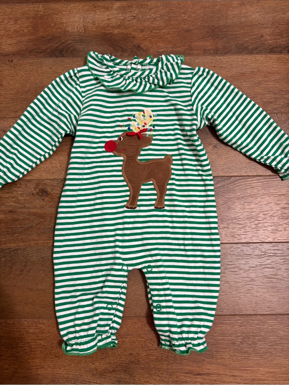 Bailey Boys Green and White Striped Baby Romper with Reindeer Applique size 3M